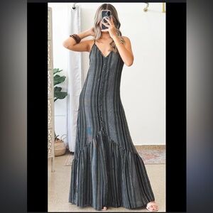 Ali Gypsy Linen Cotton Blend Striped Mermaid Fit and Flare Maxi Dress 10/12